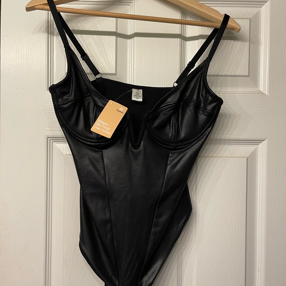 Faux Leather Black Women's Bodysuit- shapewear